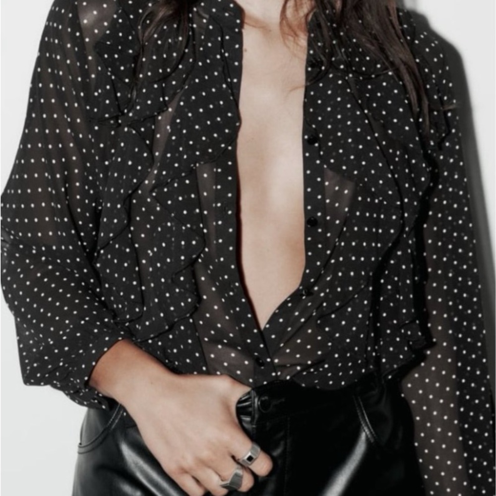 Zara Black Sheer Ruffle Front Polka Dot Blouse